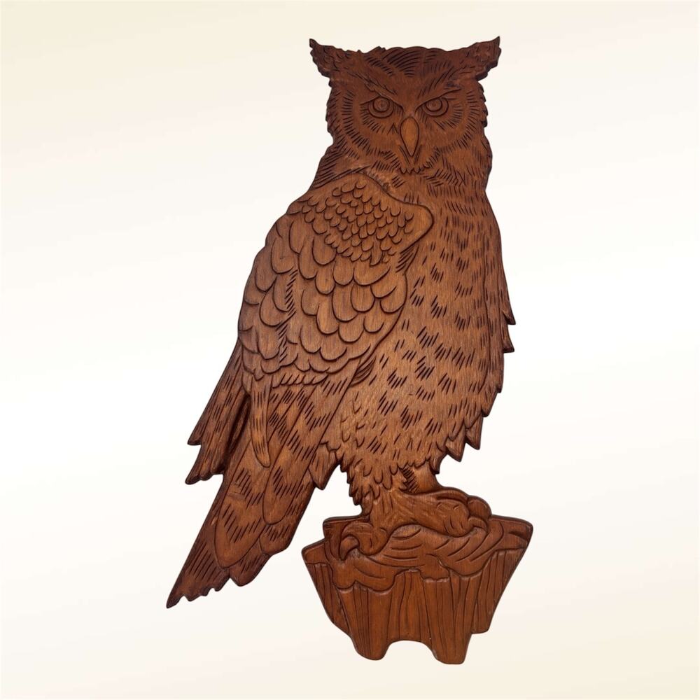 Vintage Mid Century Carved Wood Owl Wall Plaque 15 Inches